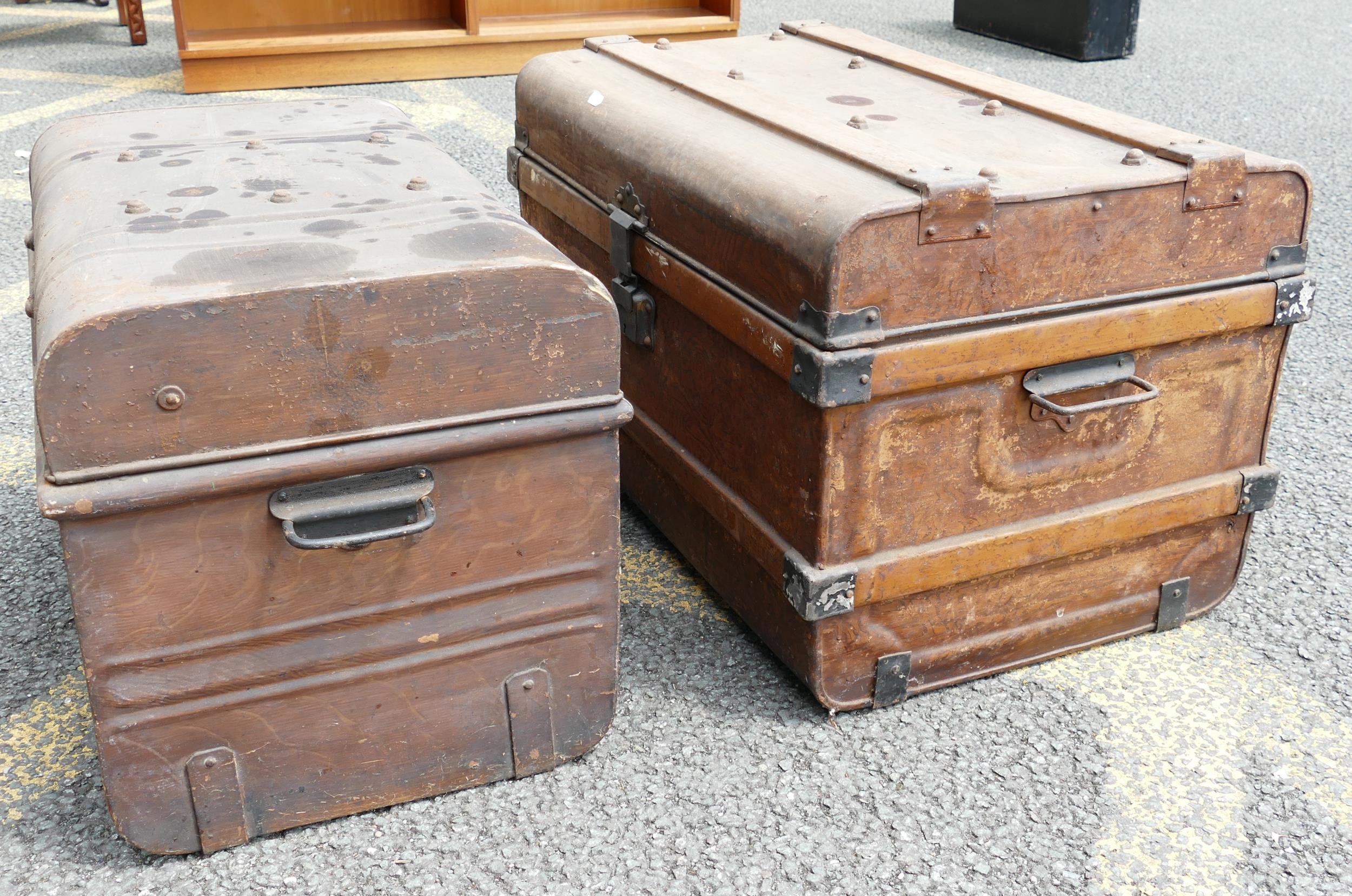 A pair of Victorian Style tin travel trunks/chests 68cm Wide 44cm High