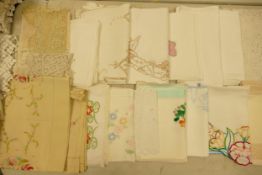 A large collection of Vintage Embroidered & Maltese Lace Table Cloths & Runners