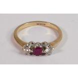 9ct gold diamond ring set with centre red stone ,2.5g: