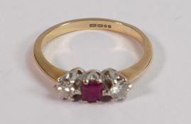 9ct gold diamond ring set with centre red stone ,2.5g: