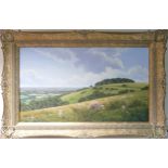 David Morgan sheep in landscape oil on canvas, Zig Zag Hill, Avon. Measuring 34cm x 59cm excluding