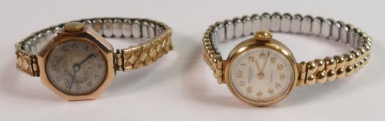2 Ladies 9ct gold wristwatches: both with expandable gold plated straps. (2)