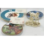 A model of two foals and a collection of horse related plates. (6):