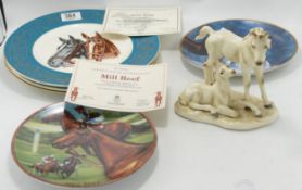A model of two foals and a collection of horse related plates. (6):