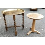 A Brass Serving Tray on Oak Barley Twist Folding Stand, together with Tripod Side Table. Tray &