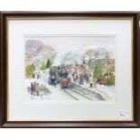 Susan M Ridyard watercolour Children Playing at Oxenhope Steam Railway Station,47 x57cm