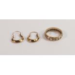 Pair 9ct gold earrings, 1g and 9ct gold & silver eternity ring, 3.6g. (3)