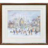 Large Susan M Ridyard watercolour Children Playing In Winter Scene outside Cathedral ,65 x 75cm