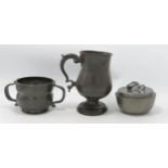 Three Pewter Items including Solkets Tudric Sugar Bowl, height of tallest 15cm