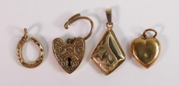 A collection of 9ct gold pendants and lockets, 5.7g: