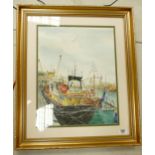 Ray L Lloyd Cornwall Artist Watercolour Harbor Scene: frame size 70 cm x 60cm