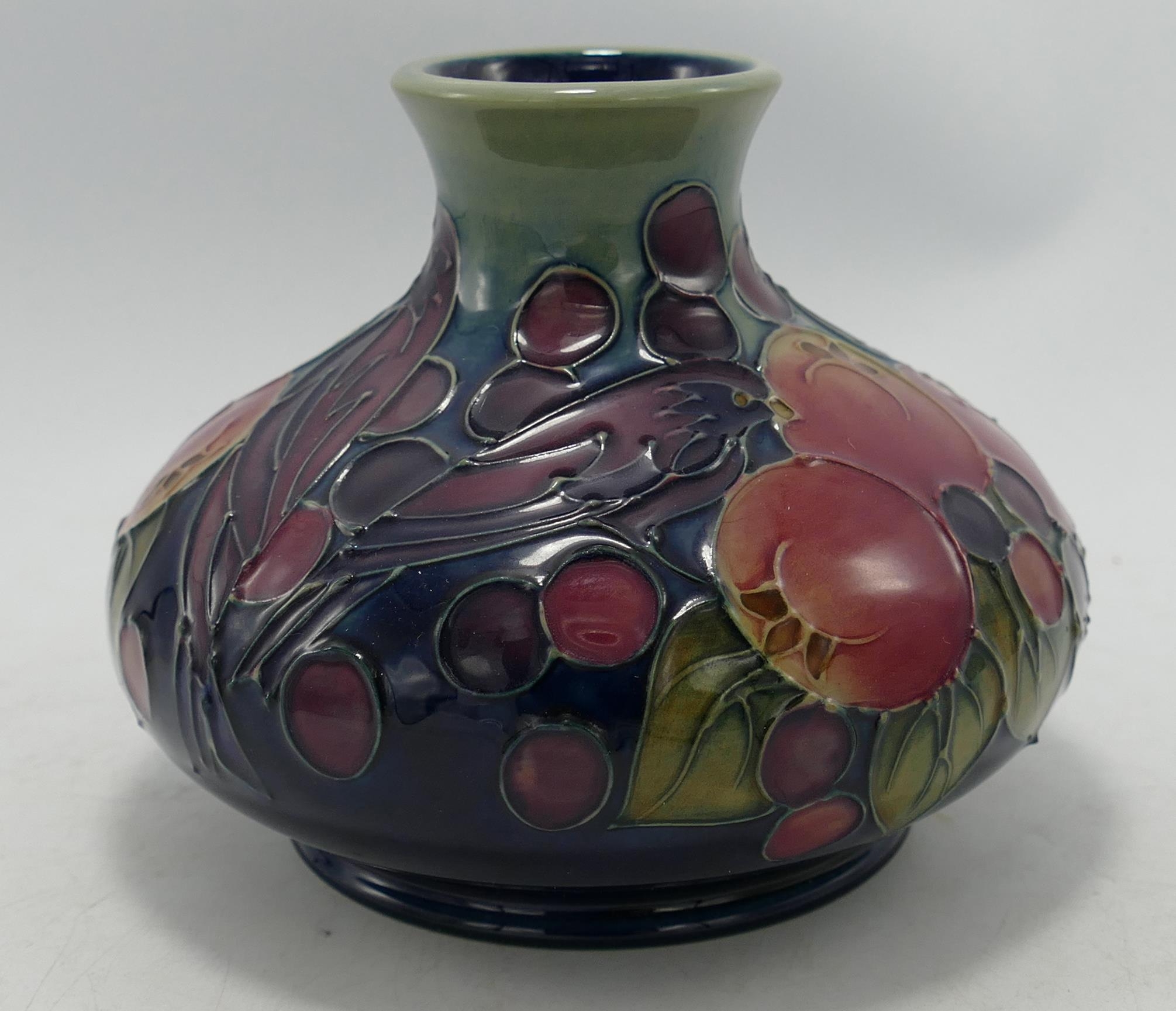 Moorcroft finches and berries squat vase: Height 11cm