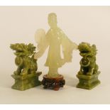 Three Modern Stone Oriental Figures of Geisha & Lion Dogs, tallest 19cm(3)
