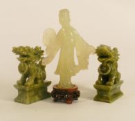 Three Modern Stone Oriental Figures of Geisha & Lion Dogs, tallest 19cm(3)