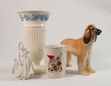A mixed collection of pottery: including Wedgwood Queensware vase, Sylvac Afghan hound, Wade Noddy