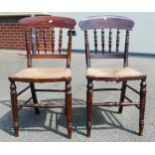 A pair of rush seated Spindle back farmhouse dining chairs with a scumbled finish. 85cm Tall 45cm