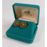 Pair of 9ct gold earrings, each set with round jade stones, 7g: