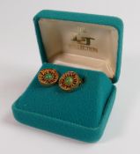 Pair of 9ct gold earrings, each set with round jade stones, 7g: