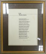 Framed Philips Larkin Poem The Explosion, signed to lower right, frame size 41 x 36cm