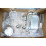 Tray lot of EPNS silver plated items: Includes entrée dish & lid, butter dish, sauce boat, pair of