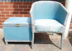 A Blue Upholstered Wicker Chair together with same Fabric Storage Box. Chair Dimensions H: 73cm,