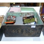 Antique Sewing Box & Contents including Tin Boxes, Buttons, Threads etc length 39cm