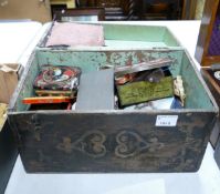 Antique Sewing Box & Contents including Tin Boxes, Buttons, Threads etc length 39cm