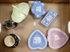 A collection of mixed pottery items: including Wedgwood jasperware, two Royal Doulton character jugs