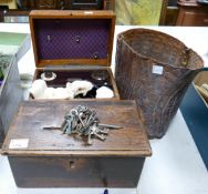 A mixed collection of items to include Oak Church Donation box, Crocodile Skin bucket & Electric