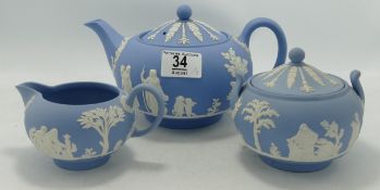 Wedgwood light blue jasper ware tea set: comprising teapot, sugar bowl and milk jug. (3)