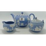 Wedgwood light blue jasper ware tea set: comprising teapot, sugar bowl and milk jug. (3)