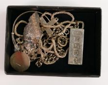 A collection of Silver jewellery including ingot and necklace, Victorian Mother brooch, Albert chain