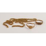 A quantity of 9ct gold jewellery, including broken necklace and two bent rings, 8.2g.
