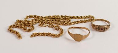 A quantity of 9ct gold jewellery, including broken necklace and two bent rings, 8.2g.