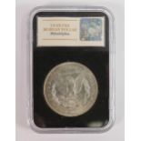 A silver encased 1921 US Silver Morgan Dollar: by Coin Portfolio Management, boxed with certificate.
