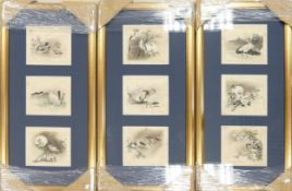 set of three framed silk pictures: decorated with birds