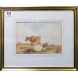 Watercolour of cattle signed E Hanson: Measuring 18cm x 25.5cm excluding mount and frame.