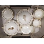 Louis XV Aynsley Tea ware including 2 Lidded Tureens 5 soup bowls, 6 saucers and 4 side plates.