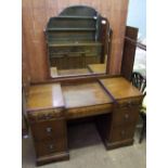 Oak dressing table with vanity mirror, 115cm W x 47cm D x 158cm overall height.