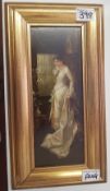 Framed oil on board by J. Holtei of a young lady, overall size 40cm x 21.5cm.