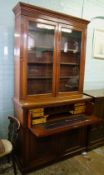 Early 20th century mahogany secretaire with glazed bookcase top section, 121cm W x 48cm D x 235cm H.