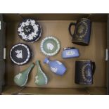 A mixed collection of Wedgwood and Jasperware items to include white on black Lidded Pots, pair of