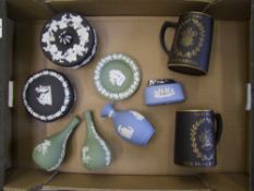A mixed collection of Wedgwood and Jasperware items to include white on black Lidded Pots, pair of