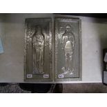 Two embossed metal Religious type icons in hammered metal frames, 50cm 22cm (2).
