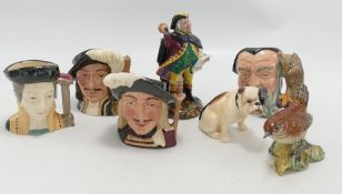 A mixed collection of items including Royal Doulton Small Character jugs, Beswick Bird, Royal