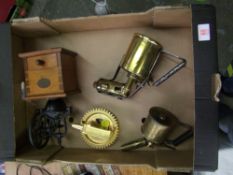 Brass blow torches, coffee grinder, novelty Annville and Cog Paperweight