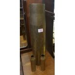 Very large brass shell casing (no base) together with 2 smaller examples (3).