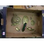 A collection of brass ware items to include Safe Plaques, Duke of Wellington Brass Figure and a