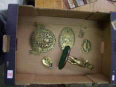 A collection of brass ware items to include Safe Plaques, Duke of Wellington Brass Figure and a