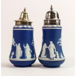 Wedgwood dip blue sugar sifter with silver plated mounts: Height 18cm (2)